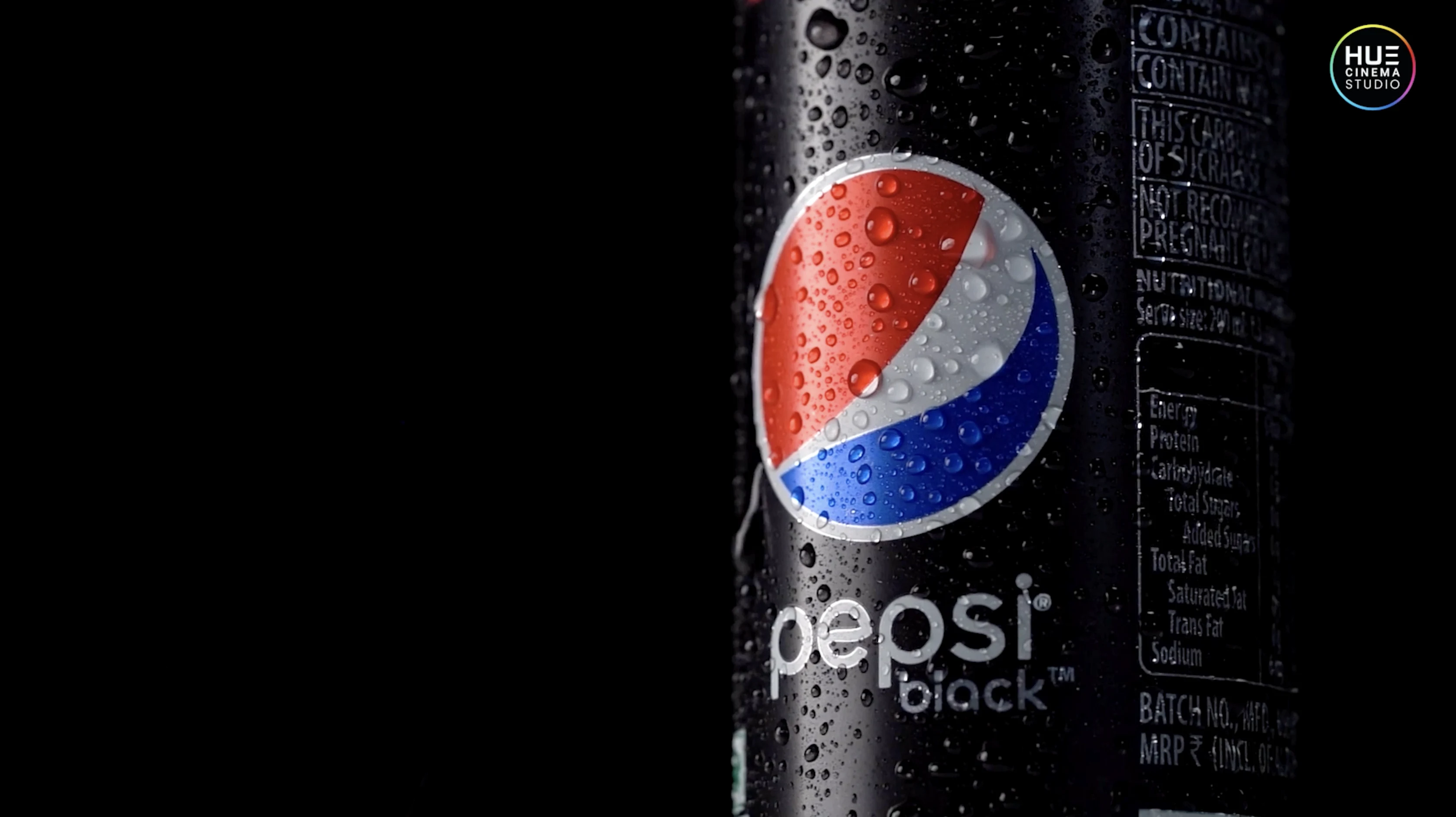 Close-up of a chilled Pepsi can with condensation droplets, from the Alkor Cyber Space soft drinks b-roll showreel by Hue Cinema Studio.