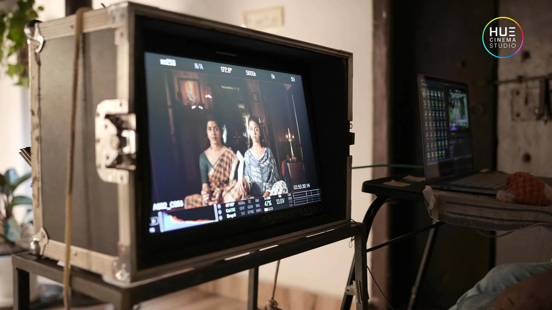 Director Haran Reddi monitoring actresses Letha Das and Diya Deepan on the Jolsiyan ad film set during Hue Cinema Studio's production setup.