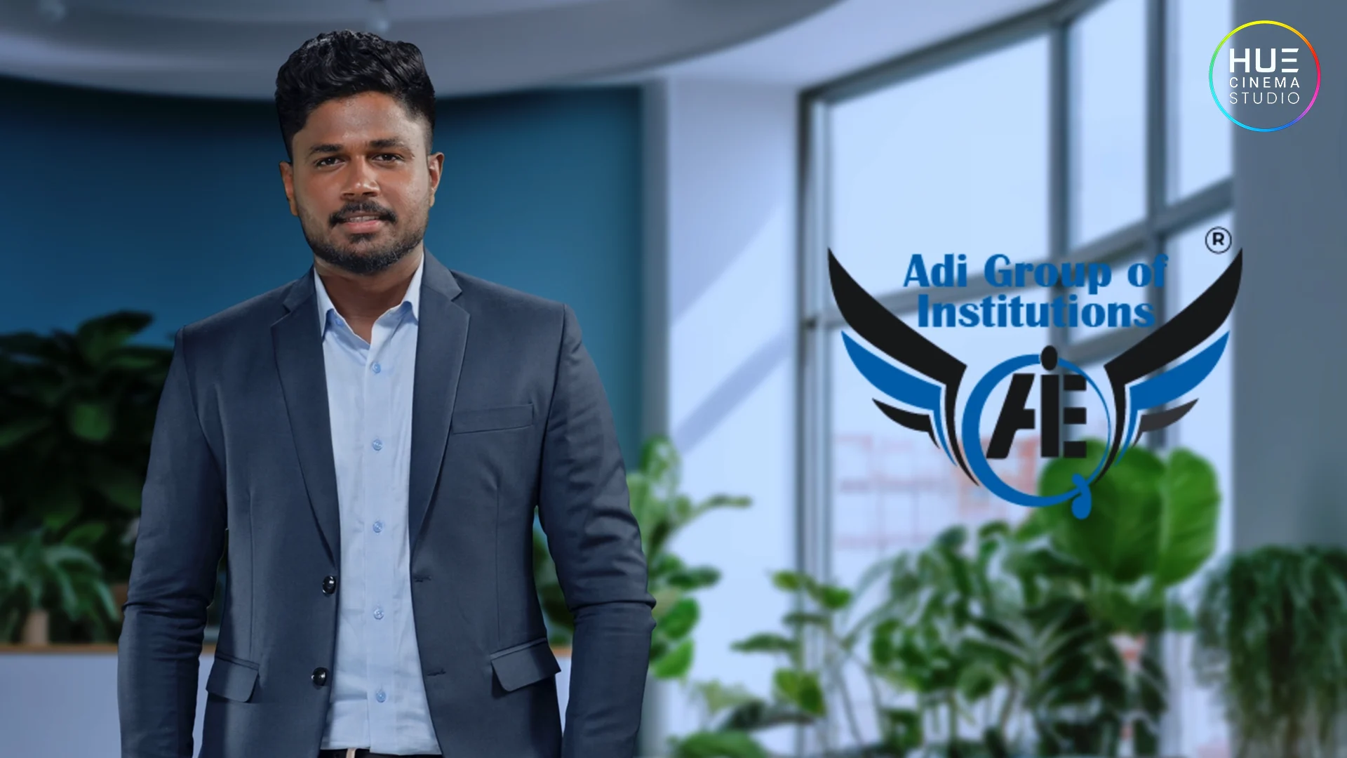 Sanju Samson featured alongside the Adi Group of Institutes logo in a still from Turning Point, an ad film by Hue Cinema Studio.